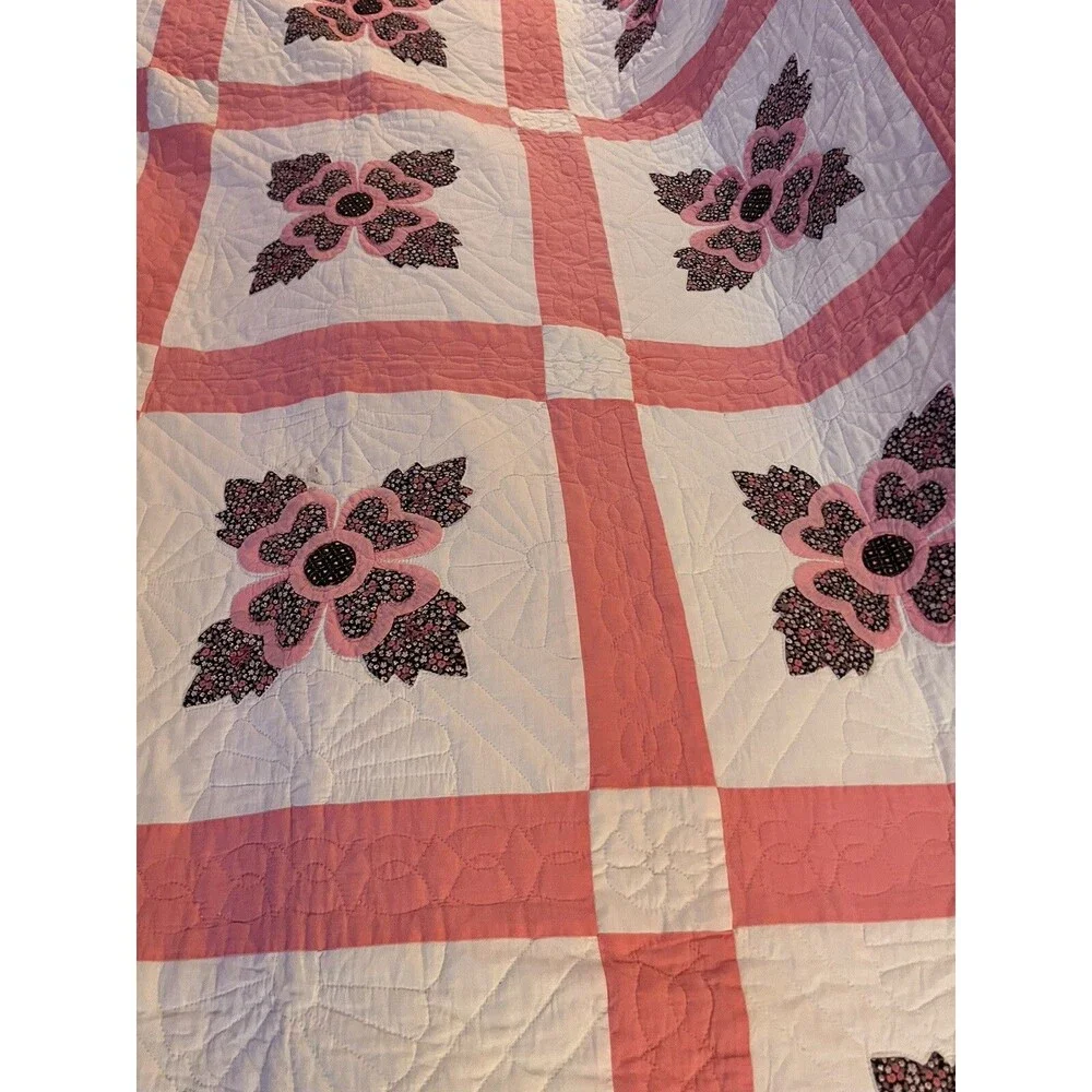 Vintage Hand Sewn Appliqué Quilt Rose Flowers 80x96” Not Used, Not Washed